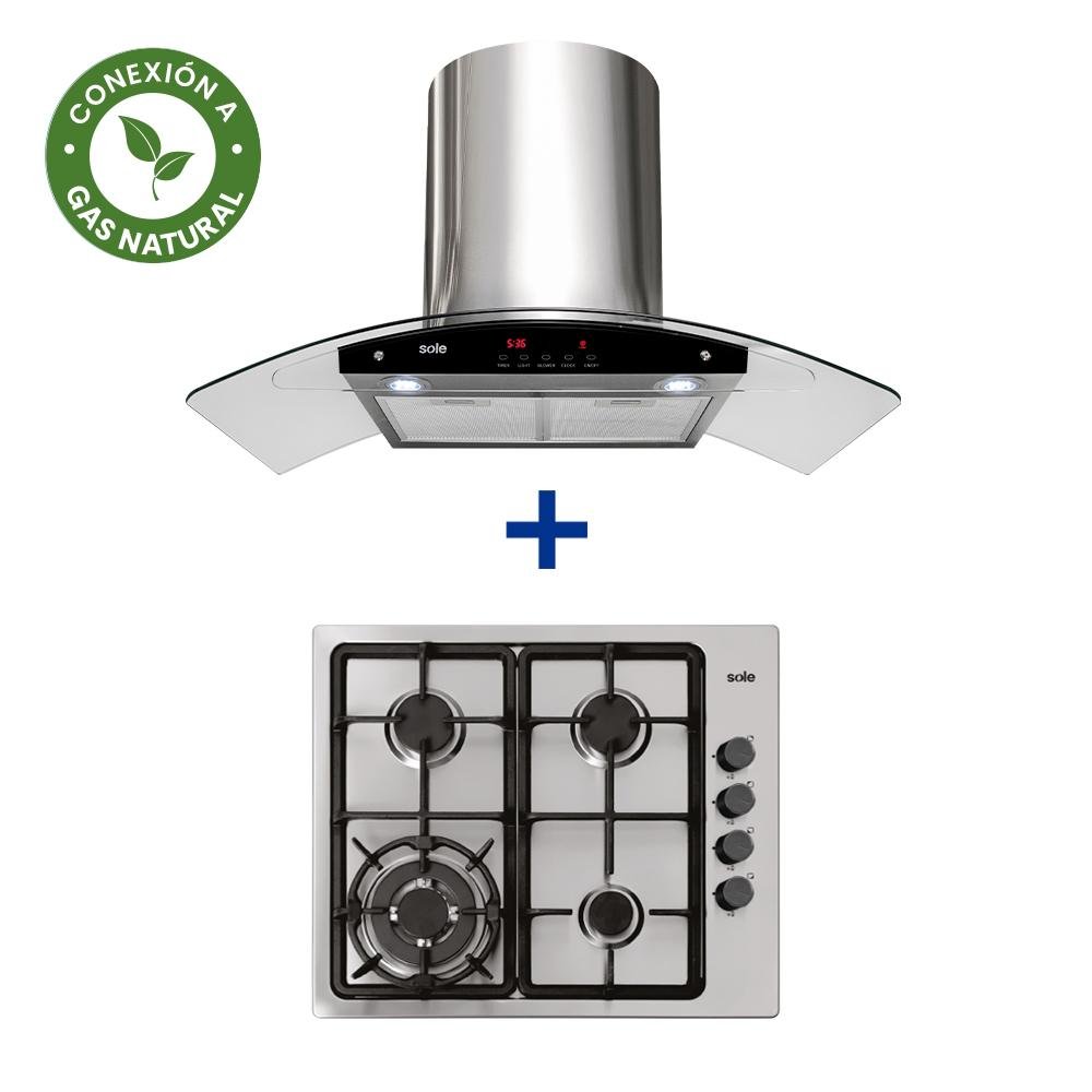 COCINA EMPOTRABLE SOLE 4Q ACERO INOX SOLCO036GN + CONEXIÓN + CAMPANA SOLE DECORATIVA VENUS PLUS 90