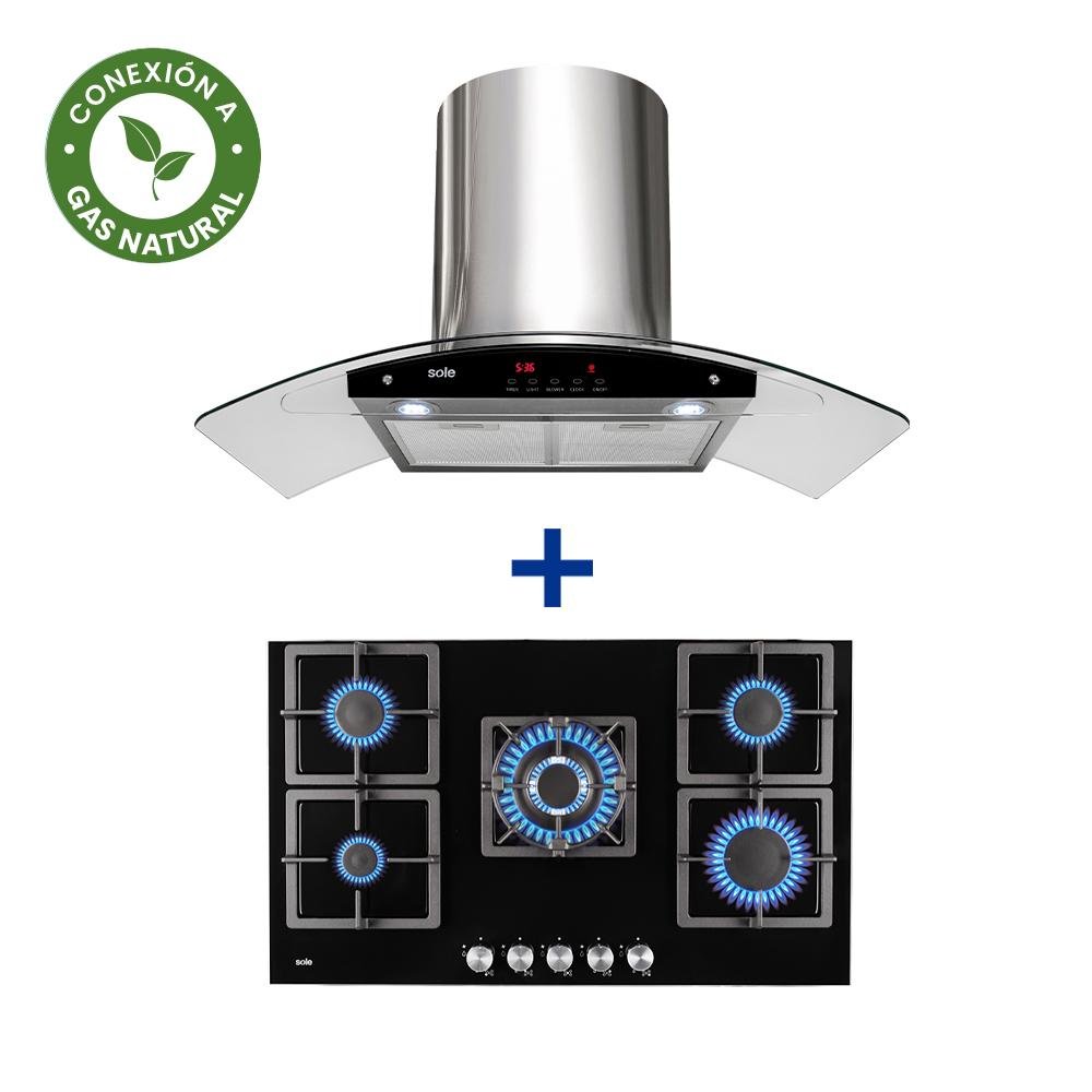 COCINA EMPOTRABLE SOLE 5Q TOP VIDRIO SOLCO041GN + CONEXIÓN + CAMPANA SOLE DECORATIVA VENUS PLUS 90