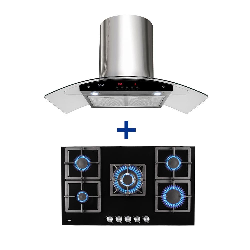 COCINA EMPOTRABLE SOLE 5Q TOP VIDRIO SOLCO041GN + CAMPANA SOLE DECORATIVA VENUS PLUS 90