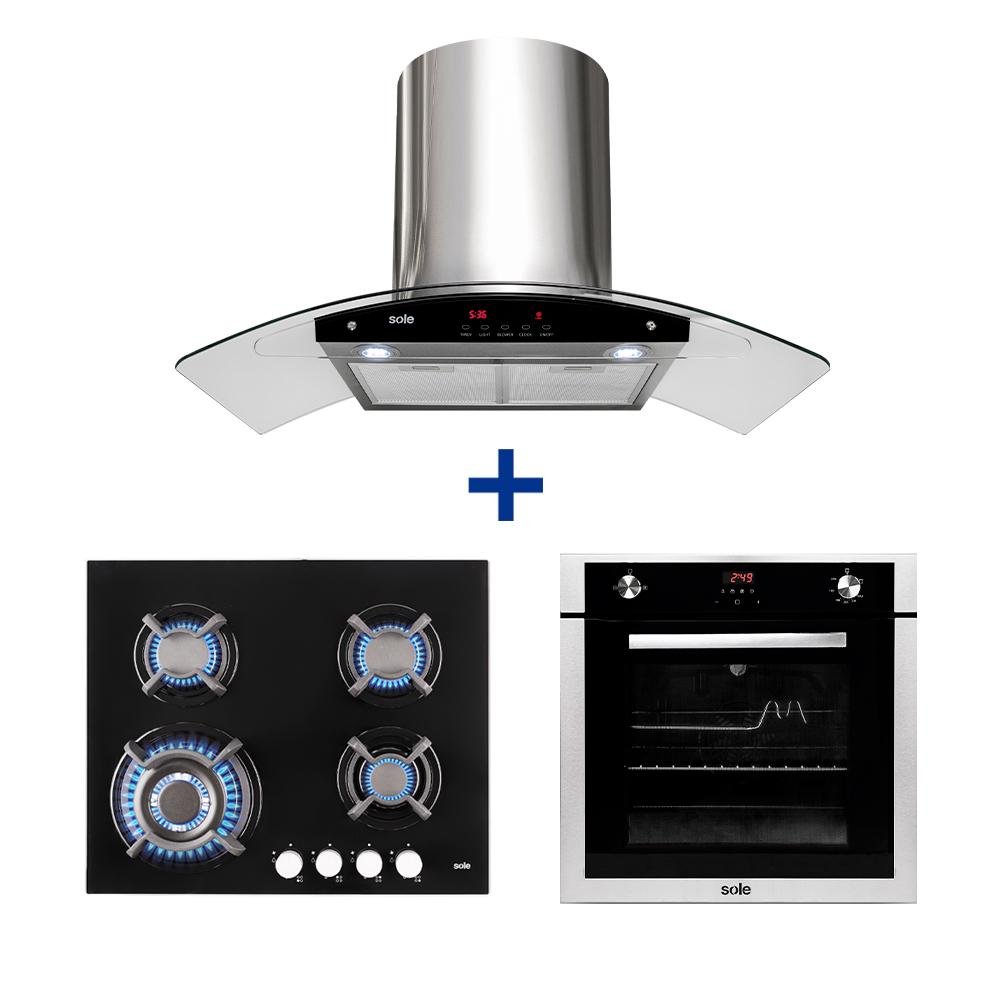 COCINA EMPOTRABLE SOLE 4Q VIDRIO SOLCO034GN + CAMPANA SOLE DECORATIVA VENUS PLUS 90 + HORNO EMPOTRABLE GAS PREMIUM
