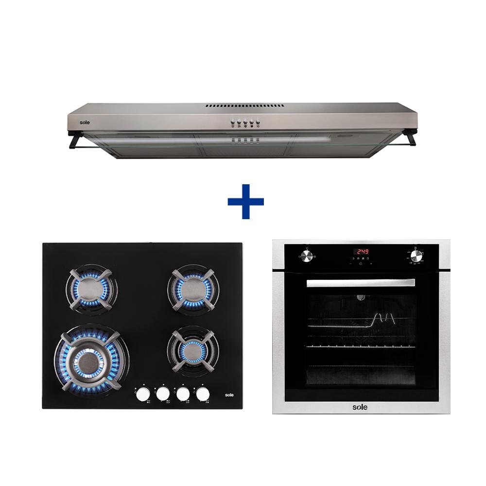COCINA EMPOTRABLE SOLE 4Q VIDRIO SOLCO034GN + HORNO EMPOTRABLE GAS NAT.PREMIUM+CAMPANA SOLE ROMA 90CM 2M INOXV2