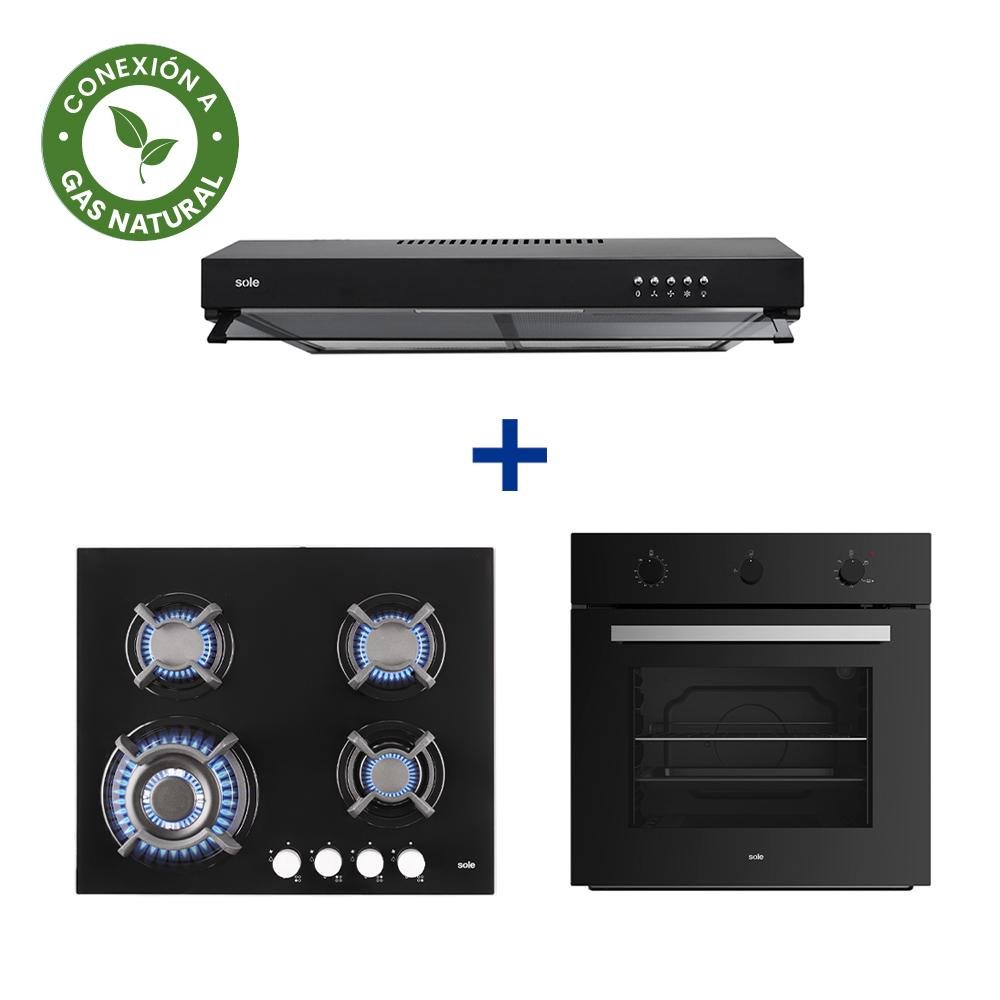 COCINA EMP. SOLE 4Q VIDRIO SOLCO034GN + CONEXIÓN + HORNO EMPOTRABLE SOLE MIX CLASSIC + CAMPANA NYX 60 1M