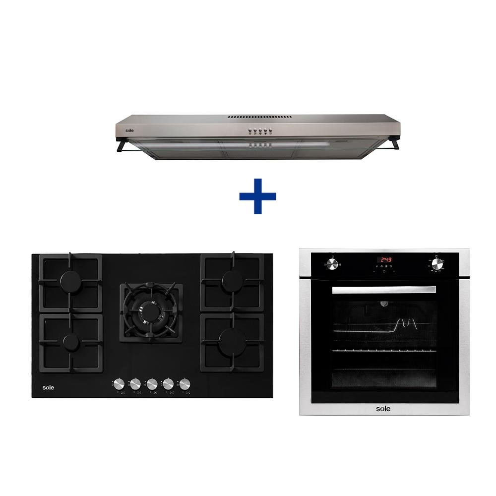 COCINA EMP. SOLE 5Q VIDRIO SOLCO041GN + HORNO EMPOTRABLE GAS NAT.PREMIUM + CAMPANA ROMA 90CM 2M