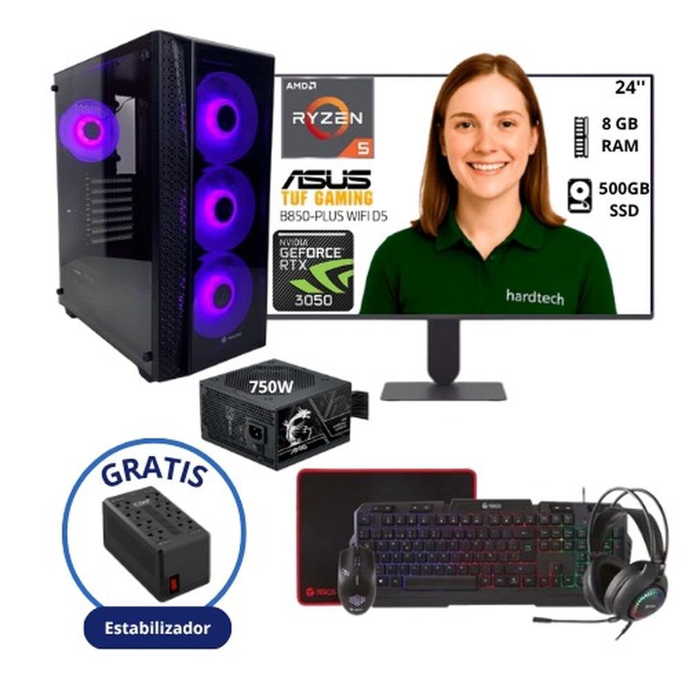 COMPUTADORA GAMER PROCESADOR RYZEN 5 8600G, 8GB RAM, SSD 500GB, TARJETA RTX 3050, FUENTE 750W, MONITOR 24 FHD