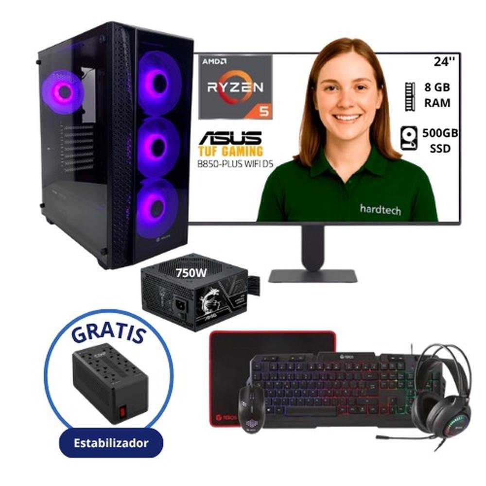 COMPUTADORA DE ESCRITORIO PROCESADOR RYZEN 5 8600G, 8GB RAM, SSD 500GB, FUENTE 750W, MONITOR 24 FHD