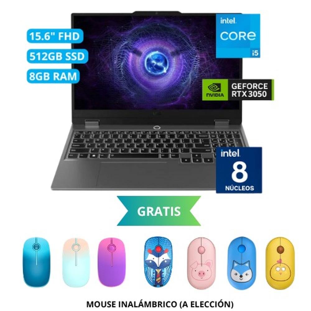 LAPTOP LENOVO LOQ 15IAX9, INTEL CORE I5-12450HX, RAM 8GB, 512 GB SSD, TARJETA DE VIDEO RTX 3050