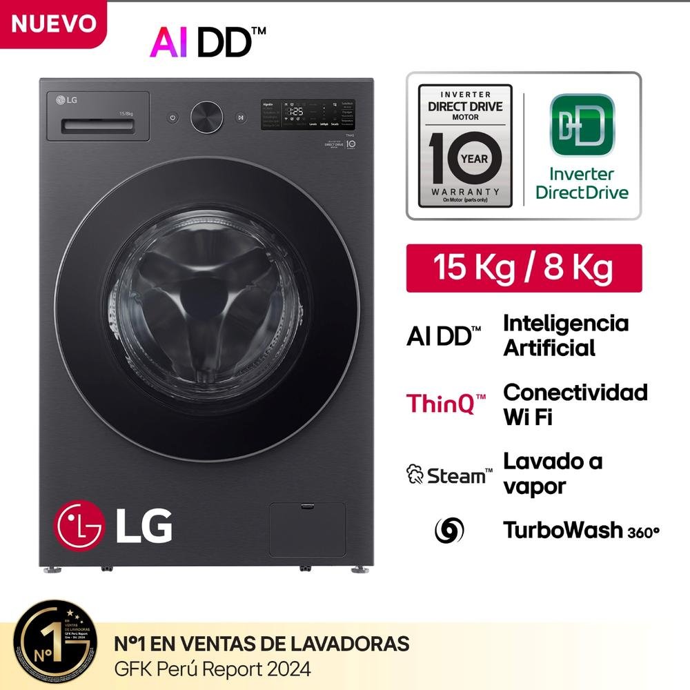 LAVASECA AUTOMÁTICA LG WD15EBNTSPG 15KG LAVADO / 8KG SECADO CARGA FRONTAL NEGRO
